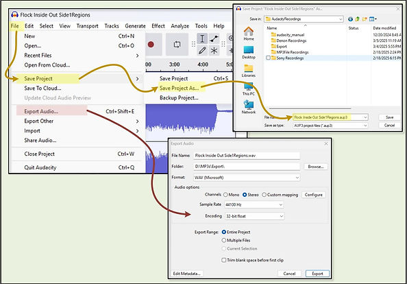 Audacity Menu to save and then export the project