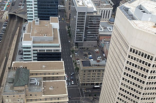 Westward view down 9th Ave showing the E-shaped Fairmont Palliser hotel