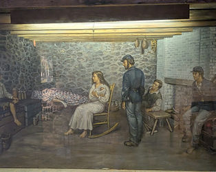 A historical painting depicting the McClellan family and Union soldiers gathered around the body of Jennie Wade.