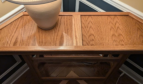 Oak picture frame corner table for behind a sofa