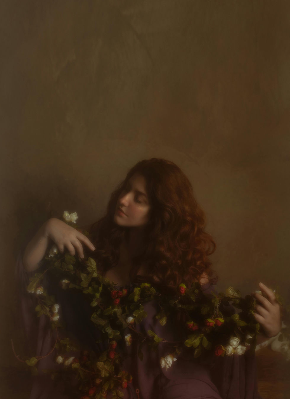 A serene portrait of a girl from an ancient era, gracefully adorned with a cascade of flowers, captured in soft, earthy tones.