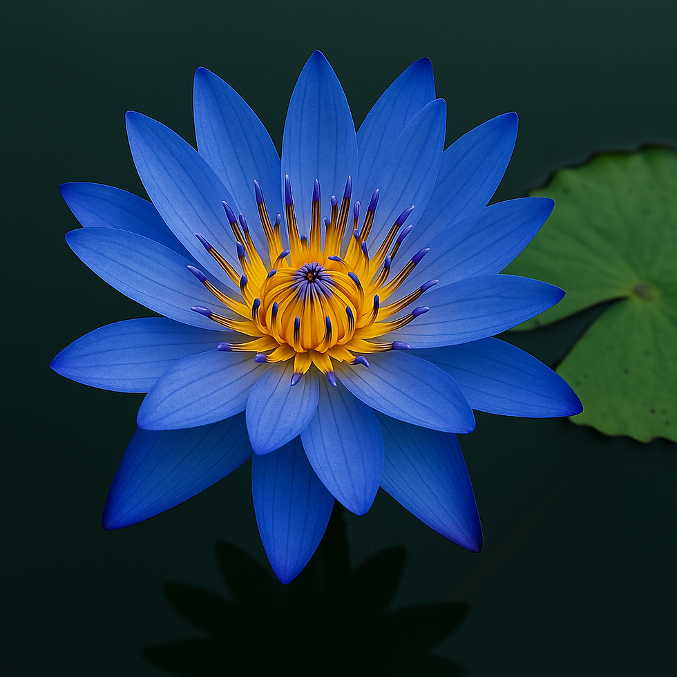 A mesmerizing AI-generated image of a vibrant Blue Lotus flower, showcasing its striking blue petals and vivid yellow center against a soft green background.