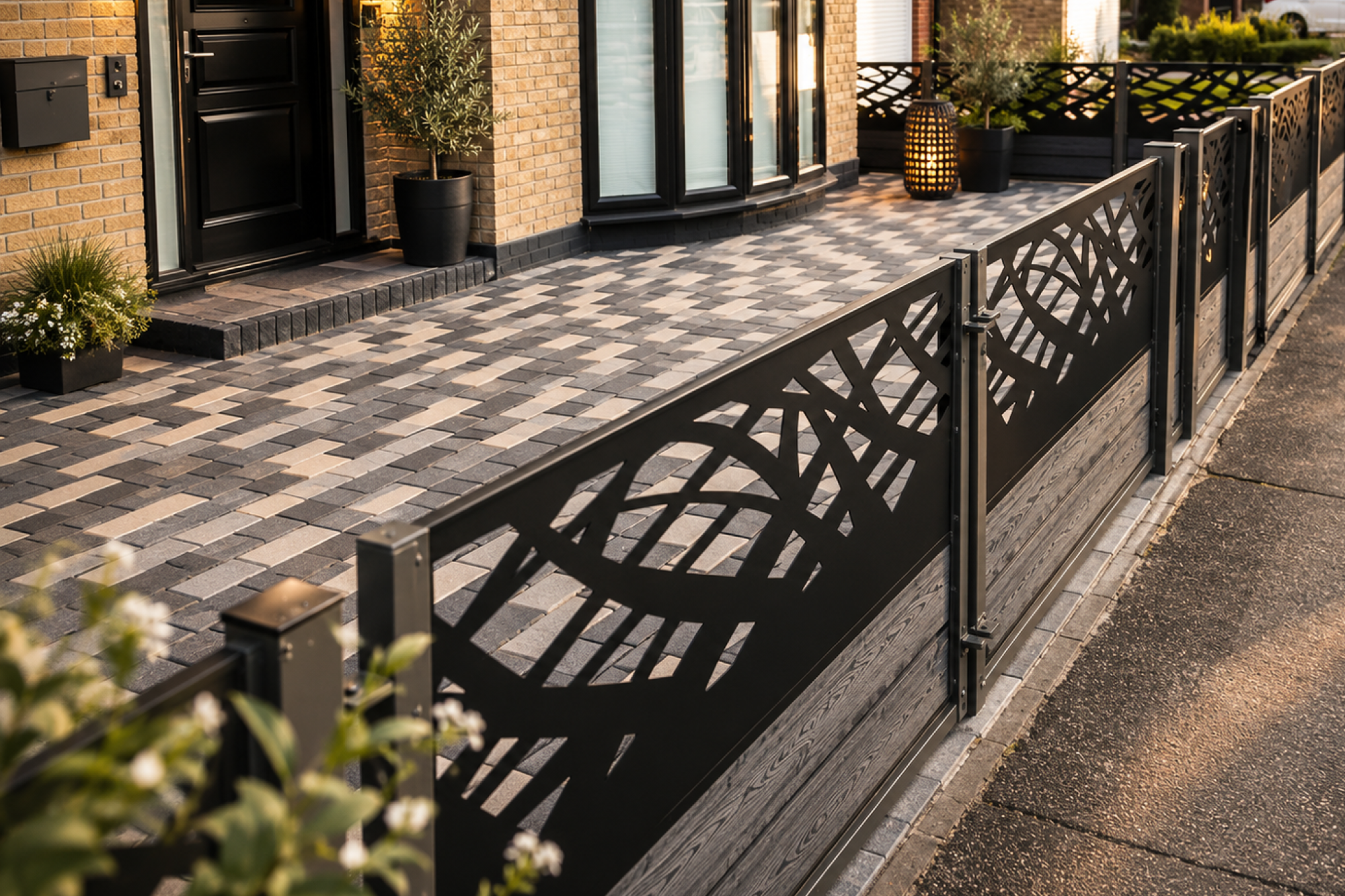 Contemporary, modern 3ft composite fencing with wild meadows grass aluminium trellis