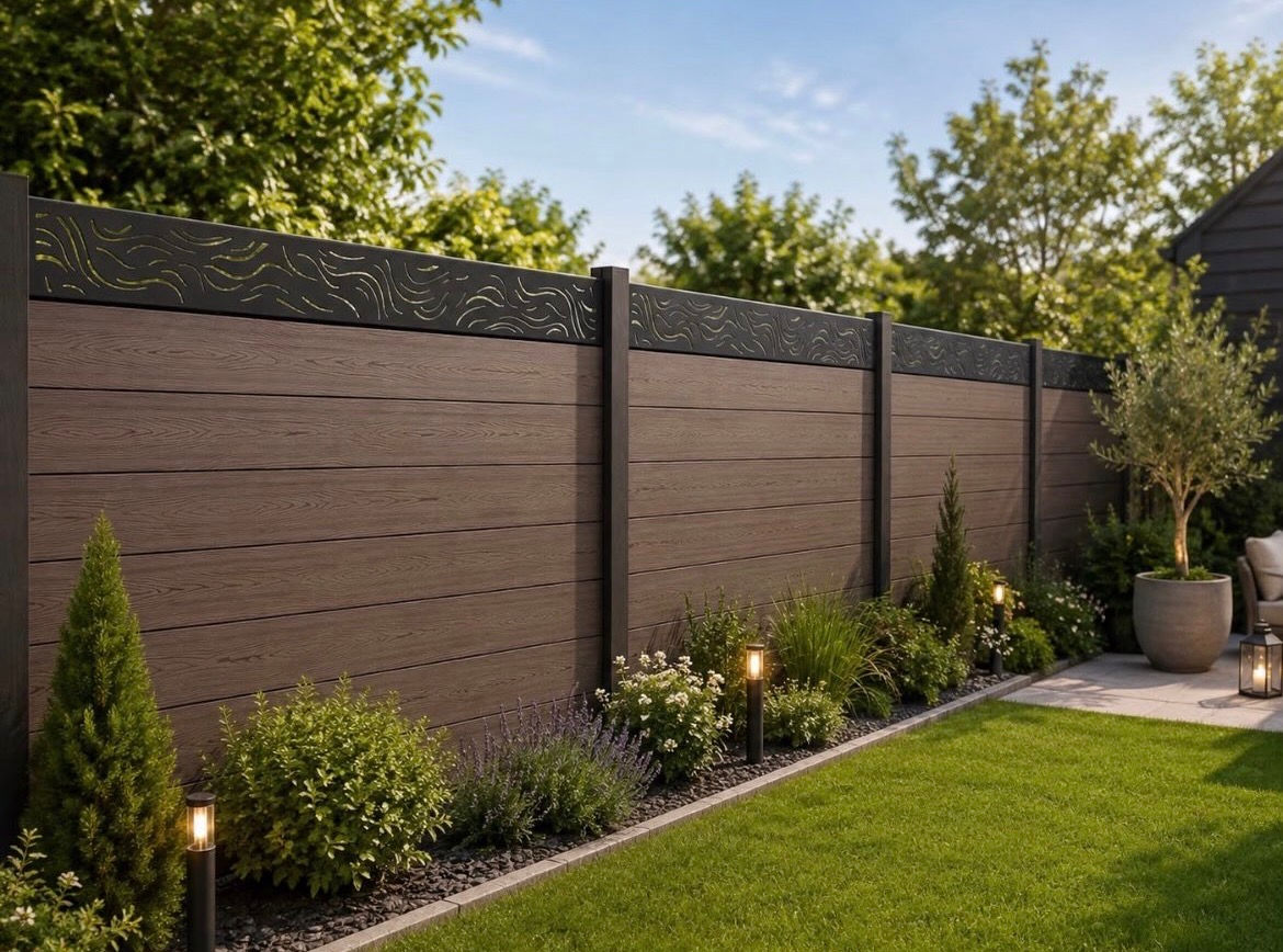 6ft composite fence panel with ocean waves design aluminium trellis in brown