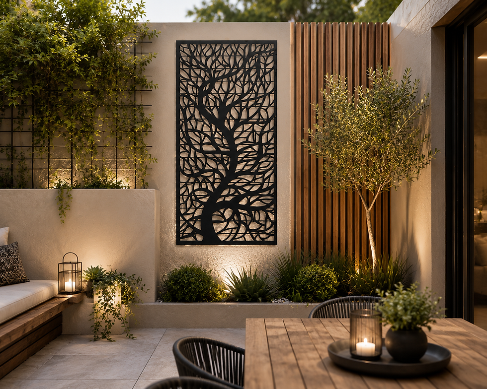 Perennial design decorative panel and screen in a modern contemporary patio setting
