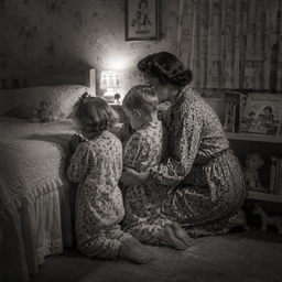 Timeless image of mother praying with children before bed