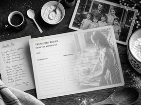 Faith Treasured recipe card displayed on a vintage kitchen table surrounded by baking ingredients