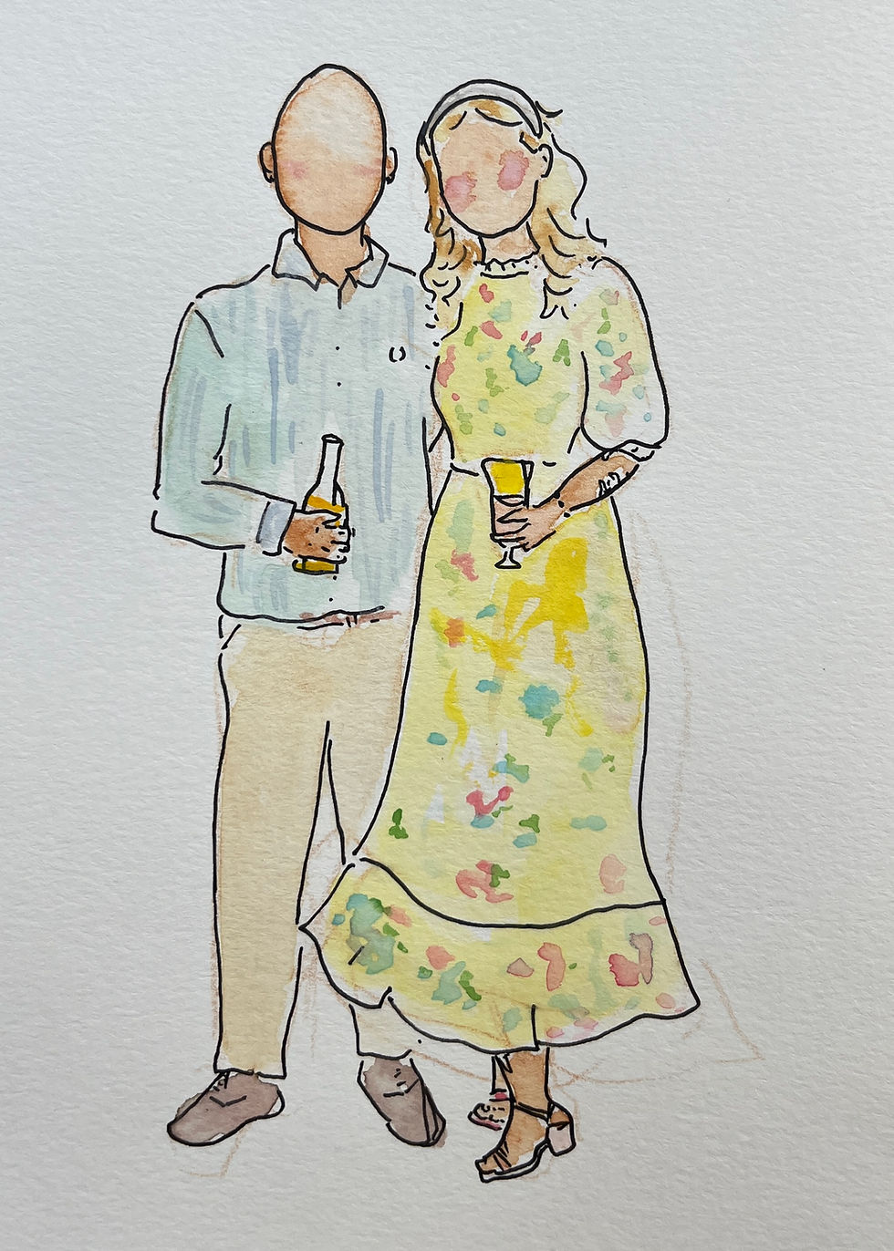 Watercolor live event portraits portfolio of a couple. A woman on the left in yellow floral dress and blond hair holding a glass of wine. standing with arm around her is a man in green shirt and beige pants, bald and holding a glass of beer. 