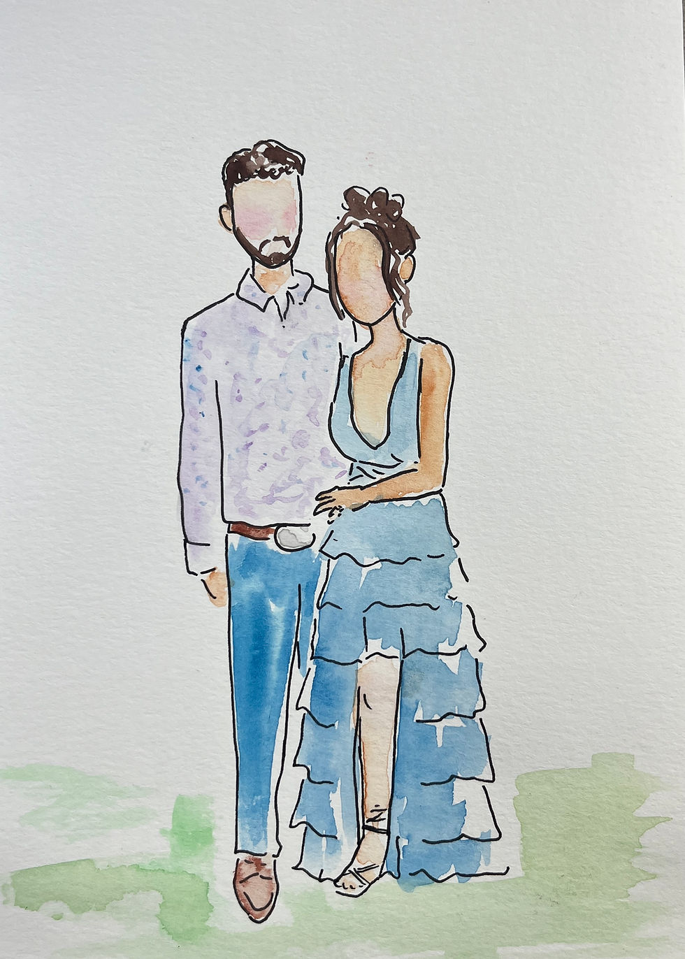 Bearded Man with light purple shirt and blue pants with arm around woman in blue layered dress
