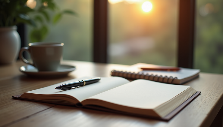Eye-level view of a cozy writing desk with a notebook, pen, and a steaming cup of coffee