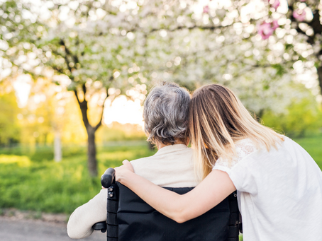 Von hinten aufgenommene Fotografie einer jüngeren Frau, die einen Arm um eine im Rollstuhl sitzende, ältere Person mit grauem Haar legt, während beide in einen sonnigen Park mit blühenden Bäumen blicken.
