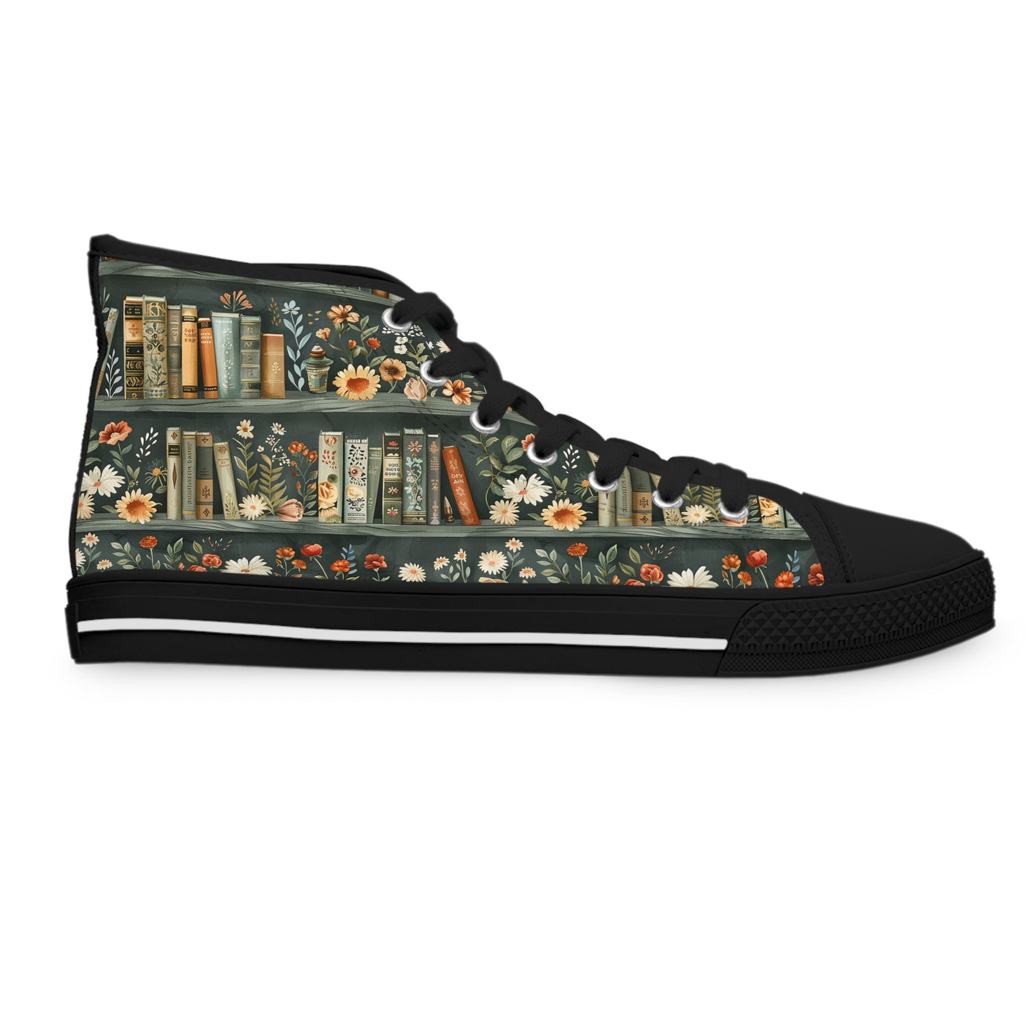 Cottagecore Bookshelf Pattern Women's High-Top Sneakers 📚🌸🌿
