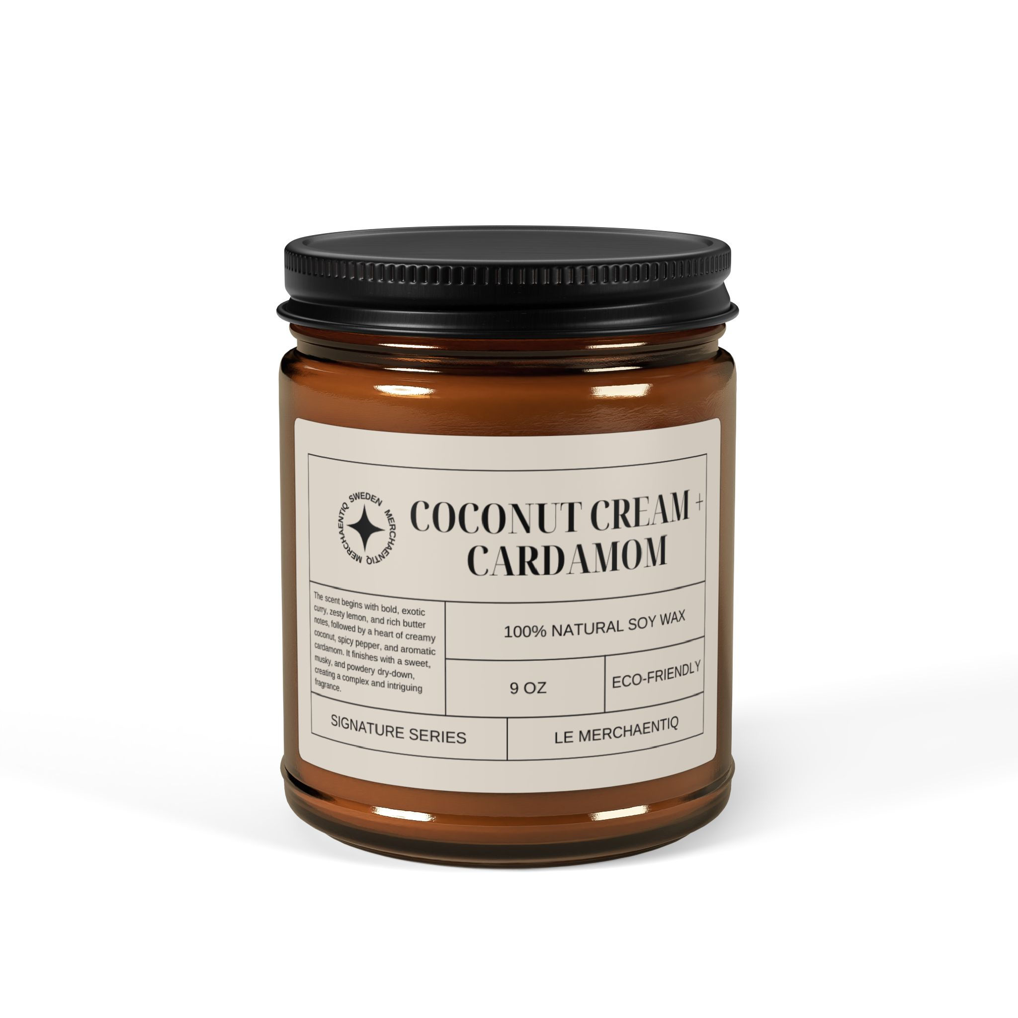 Coconut Cream + Cardamom Scented Soy Candle (Multi-Size, Amber Jar) 9 oz
