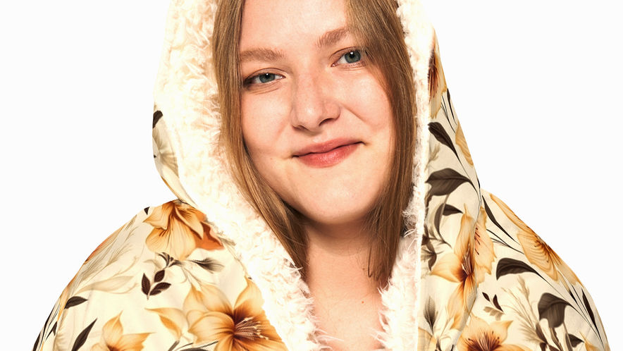 Thick Hooded blanket floral pattern woman up close
