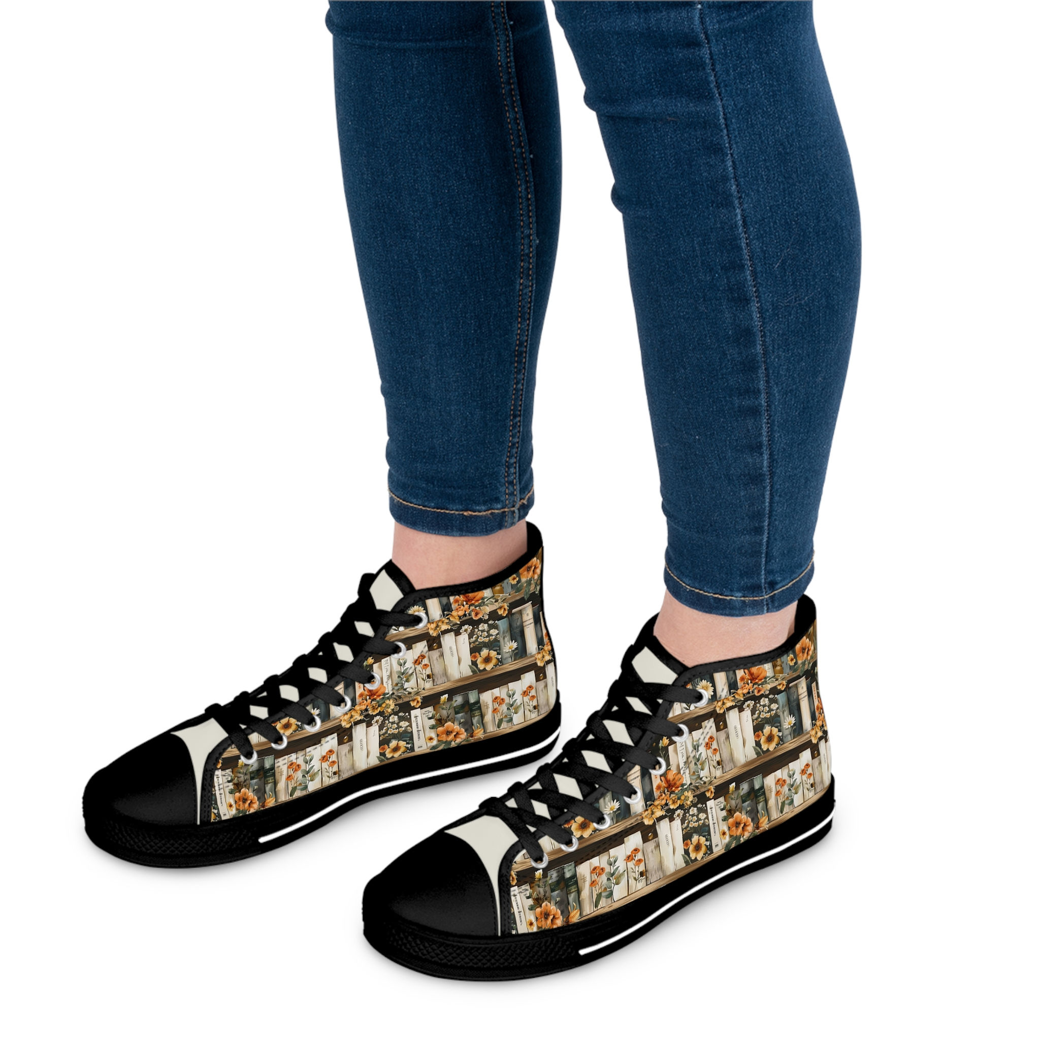 Cottagecore Bookshelf Pattern Women's High-Top Sneakers 📚🌿🧡