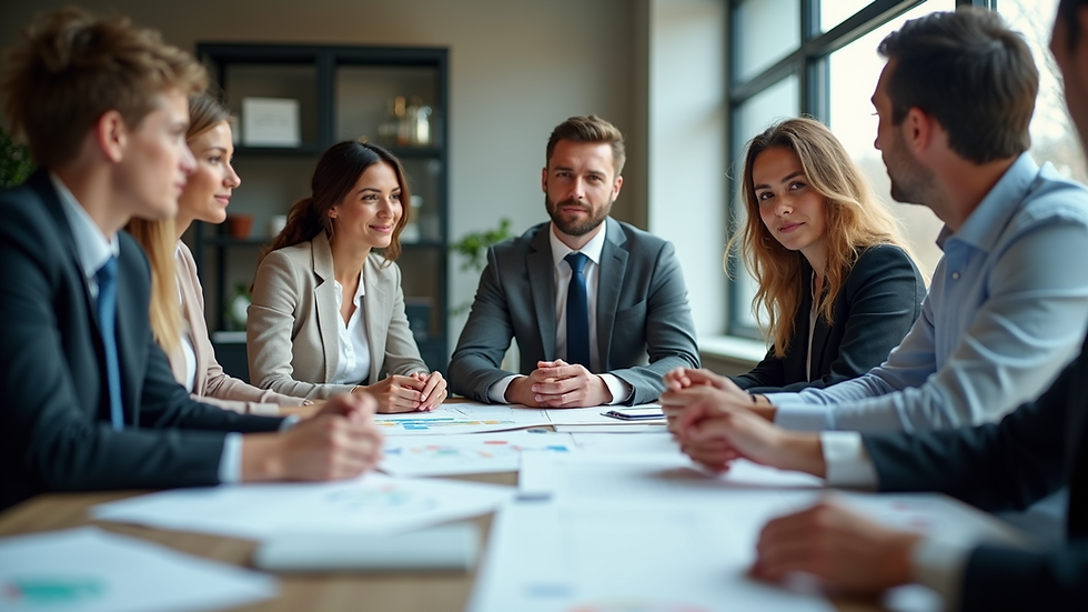 Eye-level view of a business meeting with diverse team discussing project plans