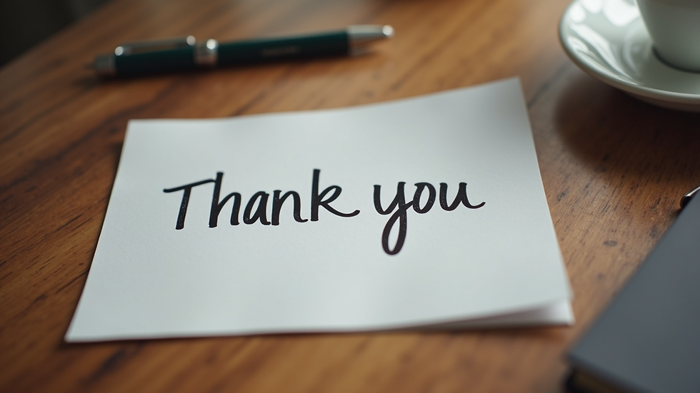 Close-up view of a handwritten note with the words "Thank you" on a wooden table