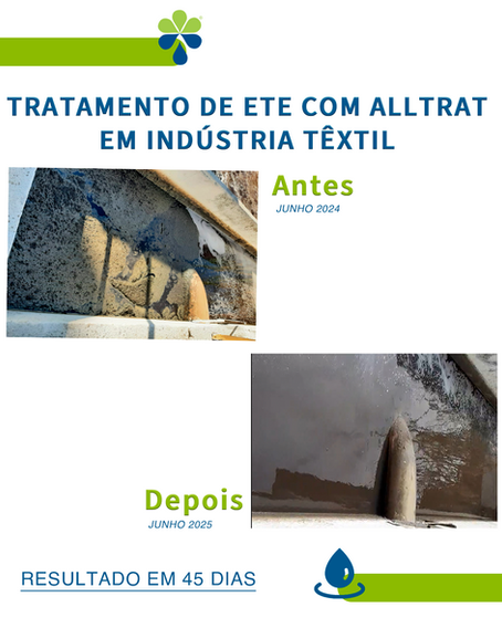 Imagem da estação de tratamento de efluentes industriais antes da aplicação do all trat e depois da aplicação