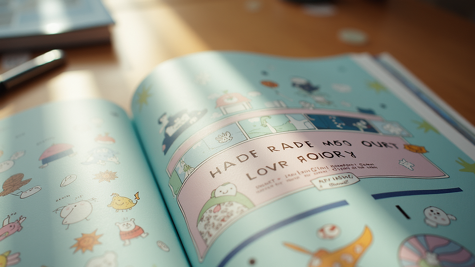 Close-up view of a colorful zine spread with illustrations and text