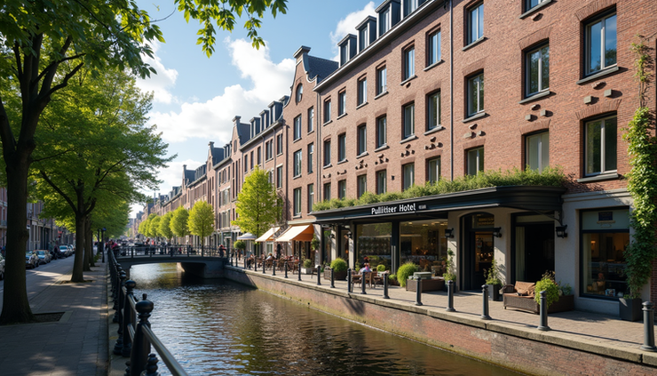 Eye-level view of the Pulitzer Hotel facade along Amsterdam canal