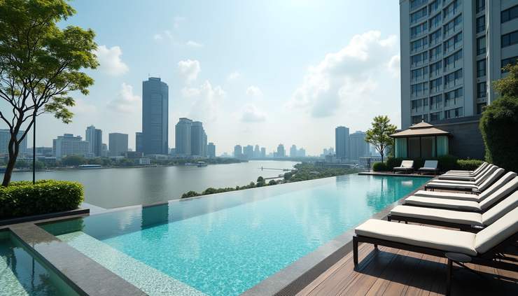 Wide angle view of Millennium Hilton Bangkok outdoor pool area overlooking the Chao Phraya River