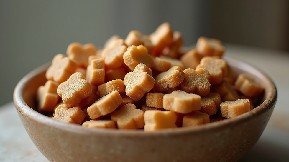 Close-up view of a variety of organic pet treats in a bowl