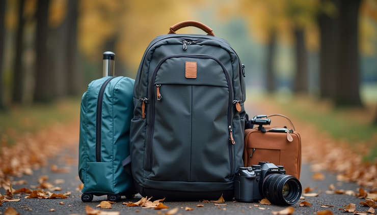 Vista frontal de una mochila de viaje con artículos esenciales organizados