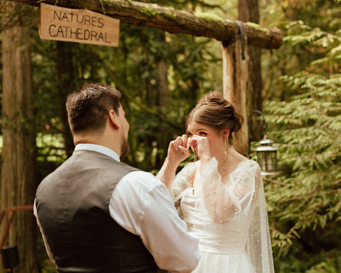 Abigail and Lucas celebrating their Cedar Haven wedding in Sooke BC surrounded by forest and nature