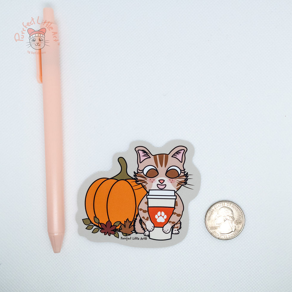 Thumbnail: Cat sticker next to a pen and a quarter coin for size comparison