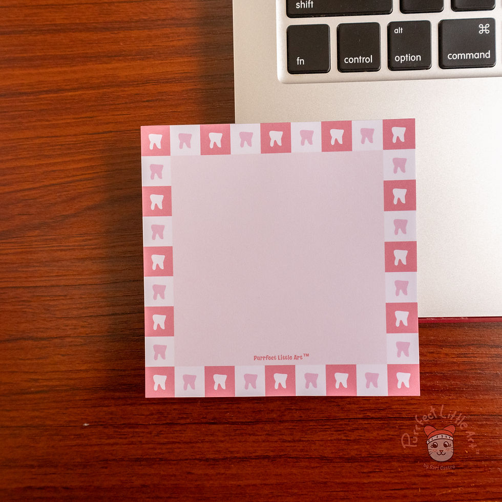 Thumbnail: Pink dental themed notepad laying flat on a laptop