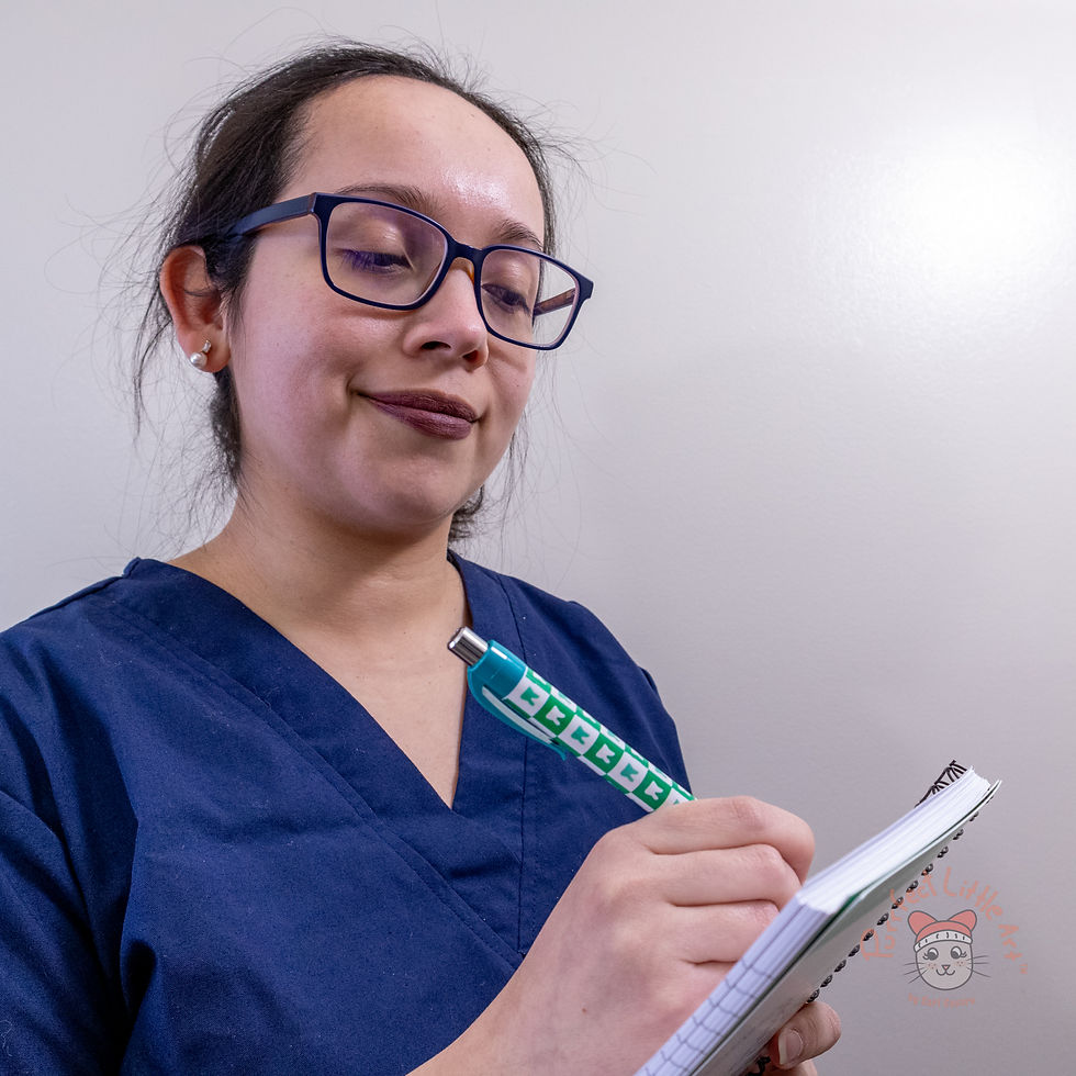 Thumbnail: Woman using green pen with tooth pattern writing on a notebook