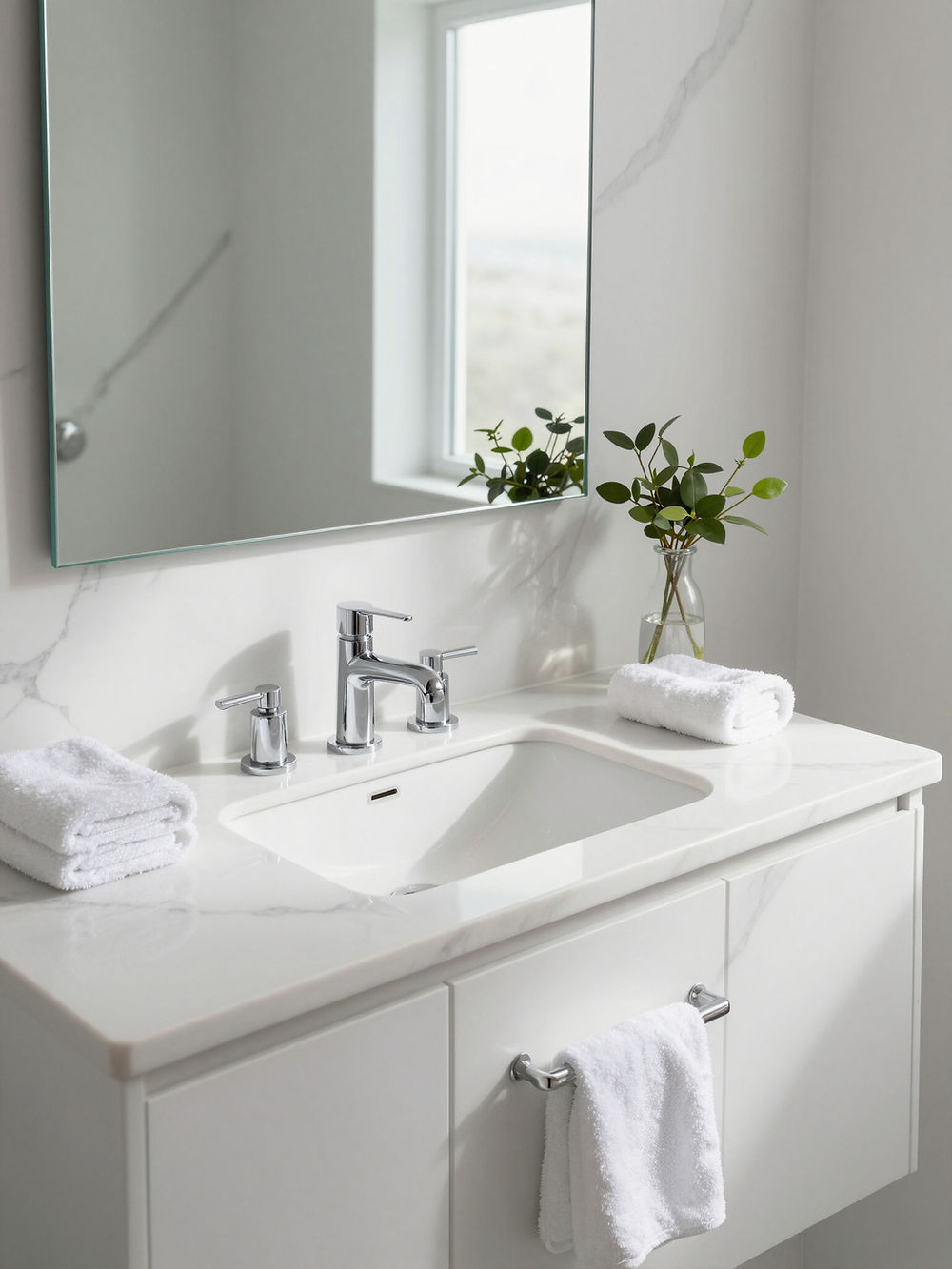 Clean bathroom vanity with white sink and fresh towels