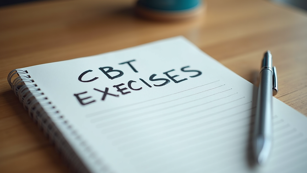 Close-up view of a notebook with CBT exercises and a pen on a wooden table