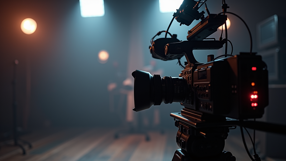 Close-up view of a professional video camera setup in a studio