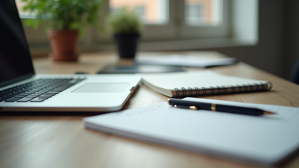 Close-up view of a modern workspace with a laptop and stationery