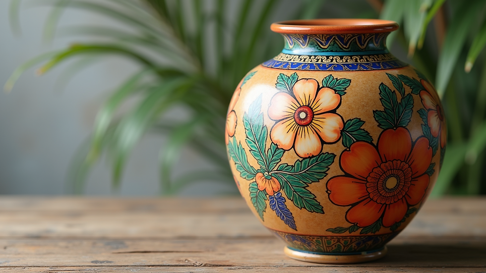 Close-up view of a vibrant handcrafted ceramic vase