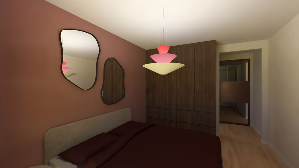 Interieurontwerp - residentieel ontwerp - particuliere woning - appartement Heerde - slaapkamer - spiegels - noten hout - roze wand - masterbedroom