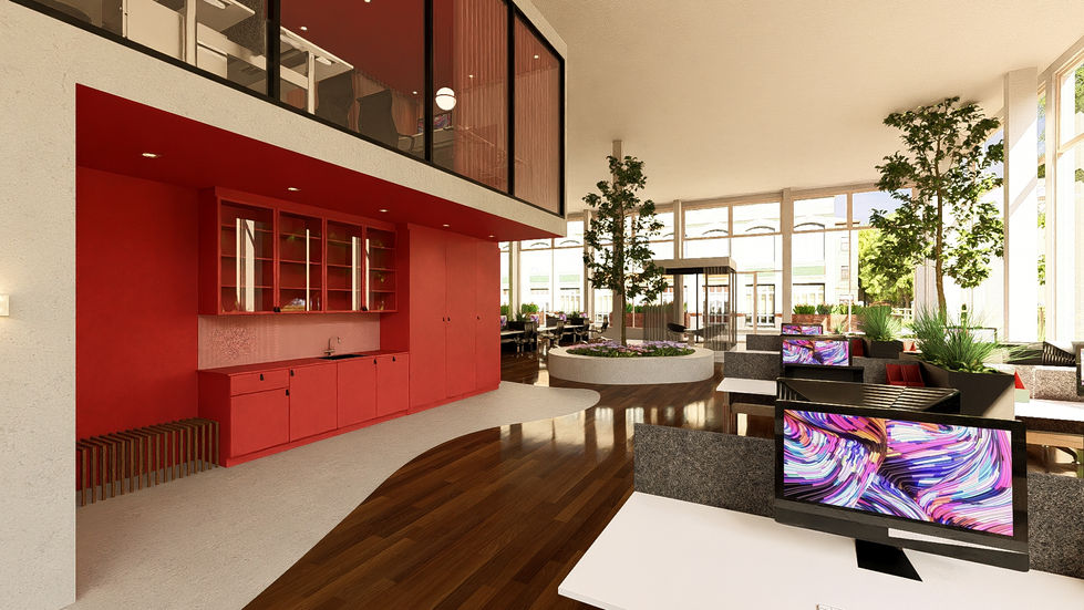 Kantoorinterieur - werkomgeving - interieurbeplanting - rode pantry