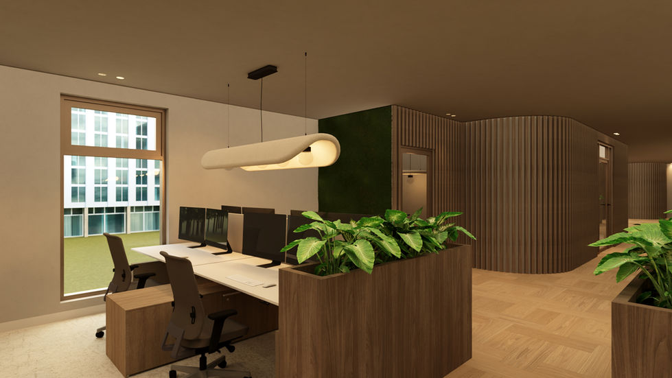 Biophilic design kantoorinterieur - planten bakken van notenhout - houten pvc vloer in patroon gelegd - neutrale kleuren - ronde wanden