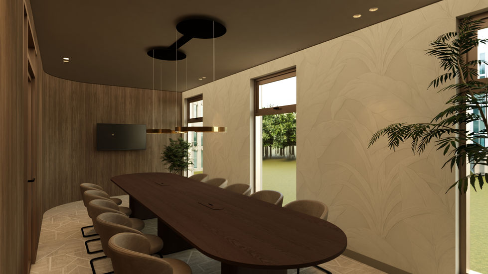 Biophilic design kantoorinterieur - planten bakken van notenhout - houten pvc vloer in patroon gelegd - neutrale kleuren - ronde wanden