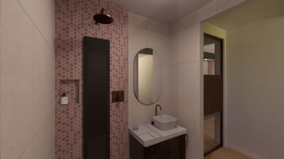 Interieurontwerp - residentieel ontwerp - particuliere woning - appartement Heerde - badkamer - spiegels - noten hout - roze mozaïek tegels - sunshower