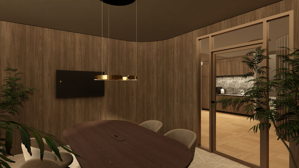Biophilic design kantoorinterieur - planten bakken van notenhout - houten pvc vloer in patroon gelegd - neutrale kleuren - ronde wanden