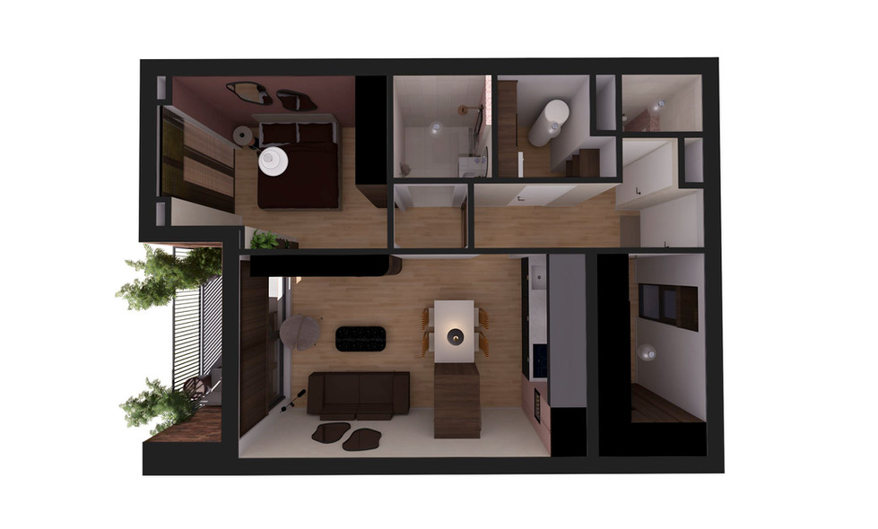 Interieurontwerp - residentieel ontwerp - particuliere woning - appartement Heerde - woonkamer - spiegels - noten hout - roze kasten - 3D bovenaanzicht