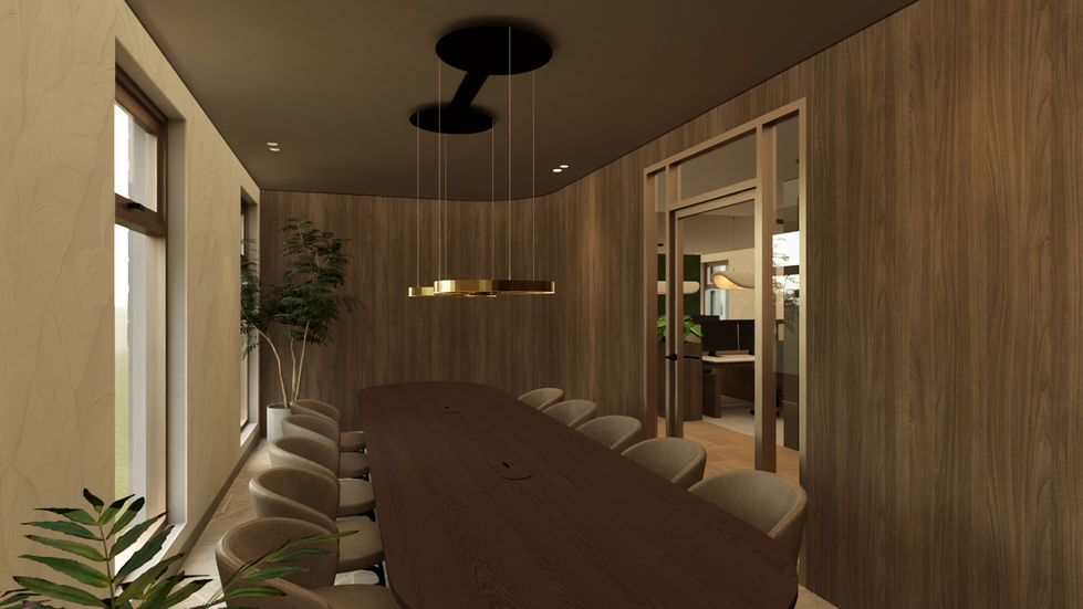 Biophilic design kantoorinterieur - planten bakken van notenhout - houten pvc vloer in patroon gelegd - neutrale kleuren - ronde wanden