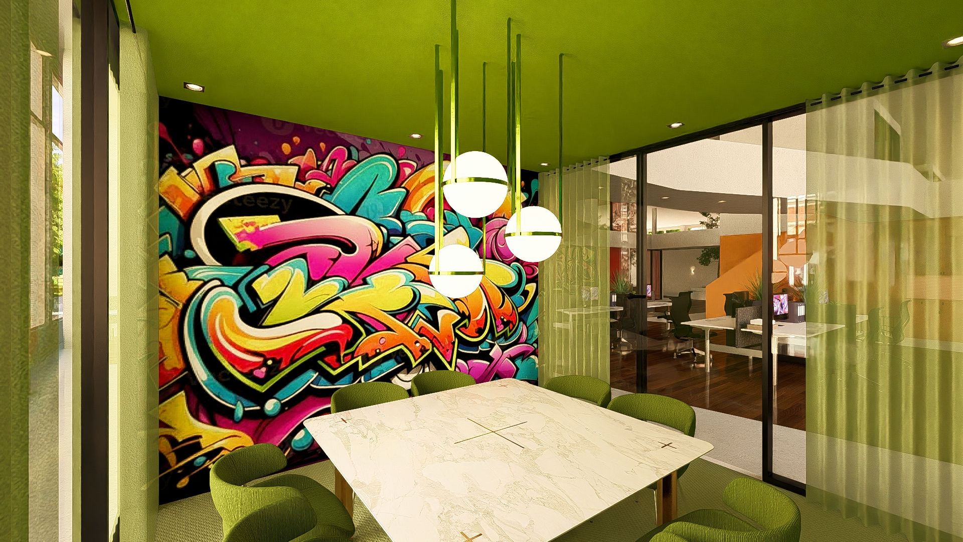 Vergaderruimte - kantoorinterieur - groen - graffiti op muur