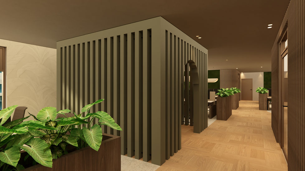 Biophilic design kantoorinterieur - planten bakken van notenhout - houten pvc vloer in patroon gelegd - neutrale kleuren - ronde wanden