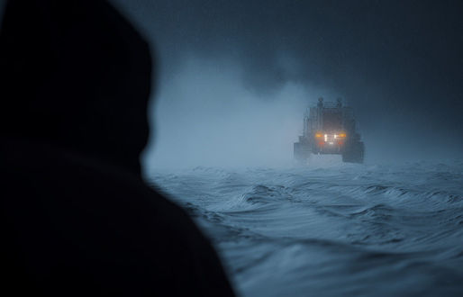 A shadowed figure watching a snow hauler drive away