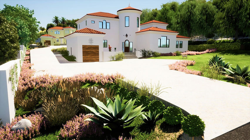 Front exterior rendering with landscaping, Malibu Zuma Mesa Homes