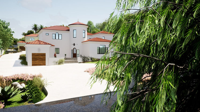 Front exterior rendering with driveway and garage, Malibu Zuma Mesa Homes