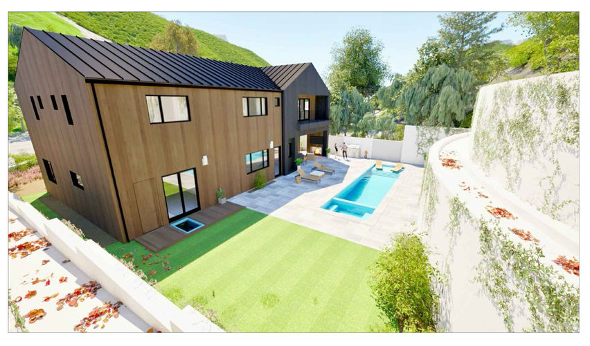 Aerial rendering of home with rooftop and pool, Bundy Drive Brentwood